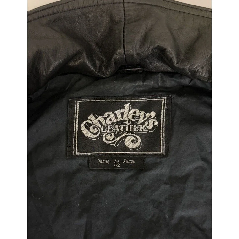 Vintage Charley's Leather Bomber Jacket Mens Sz 42 Black Full Zip Moto Movie